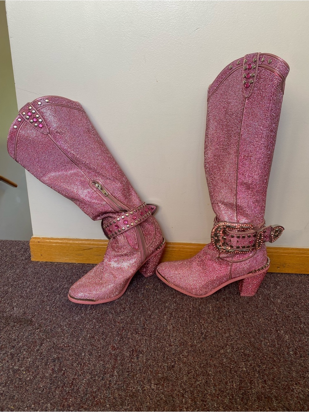 Women's Pink rhinestone Knee-High Western Boots